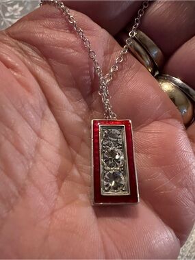 MMA 925 Sterling Museum of Metropolitan of Art Red Enamel & Diamond Bar Necklace